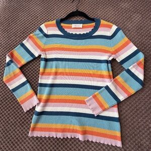Gemma Ribbed Rainbow Stripe Sweater Scalloped Hem Medium